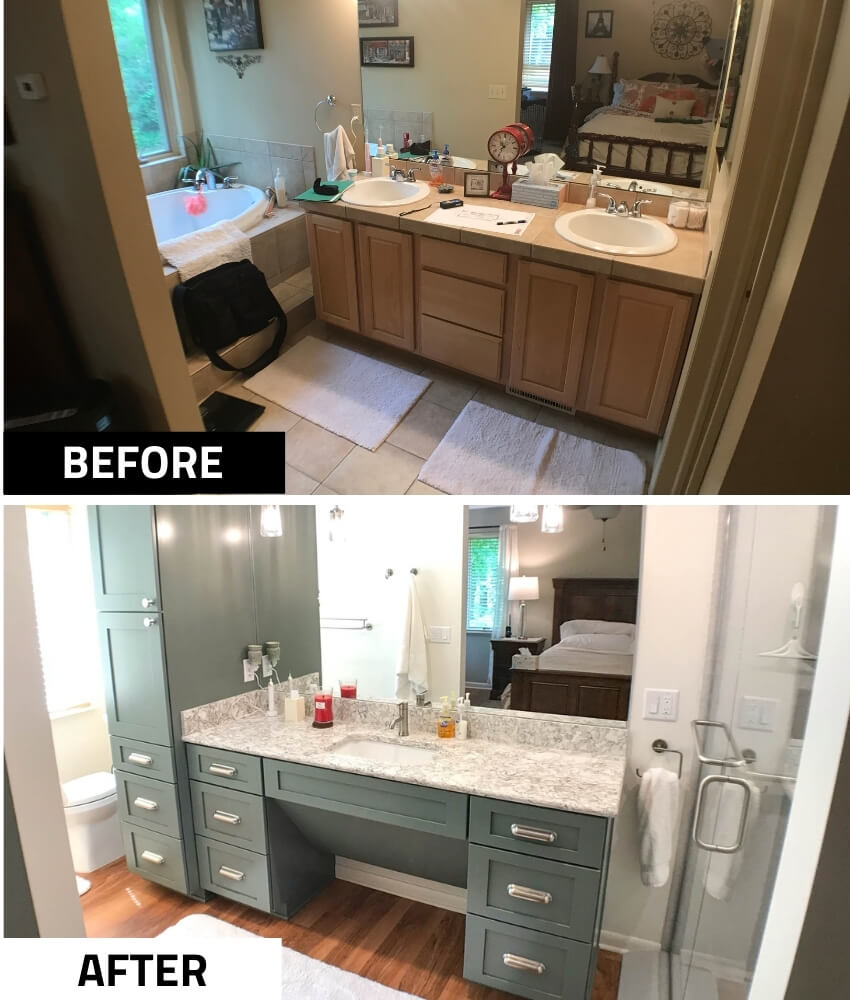 before and after bathroom renovation by Odd Fellows Contracting in Owosso MI featuring new cabinetry and countertop