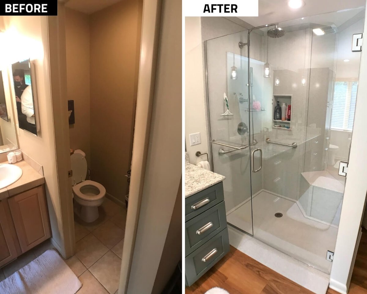 before and after bathroom renovation by Odd Fellows Contracting in Owosso MI with modern glass shower installation