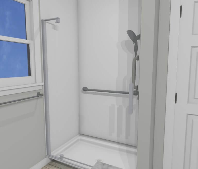 3D Mason MI bathroom remodel rendering by Odd Fellows Contracting showing shower enclosure and layout plan