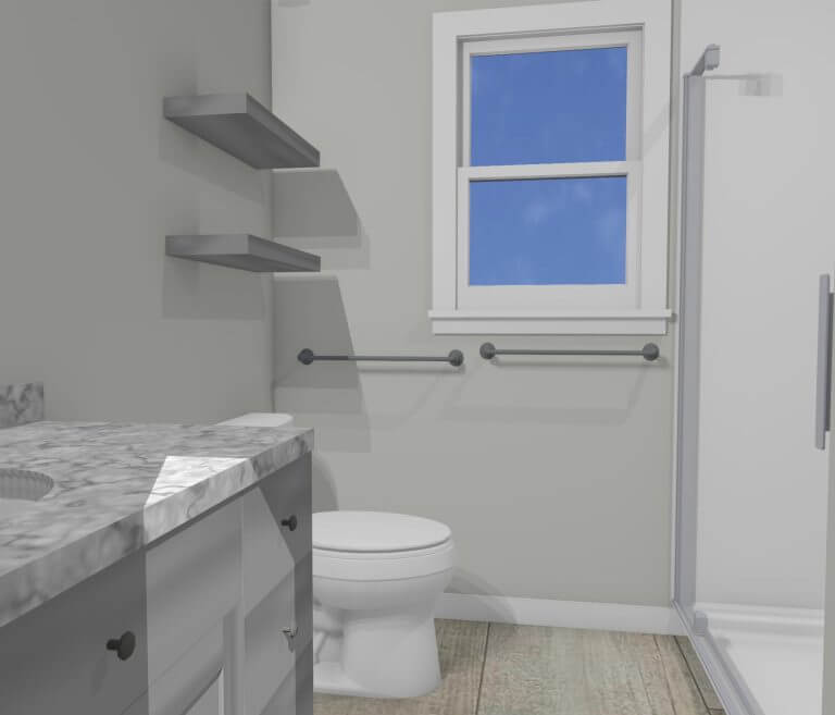 3D bathroom design rendering by Odd Fellows Contracting in Mason MI showing planned vanity and shower layout