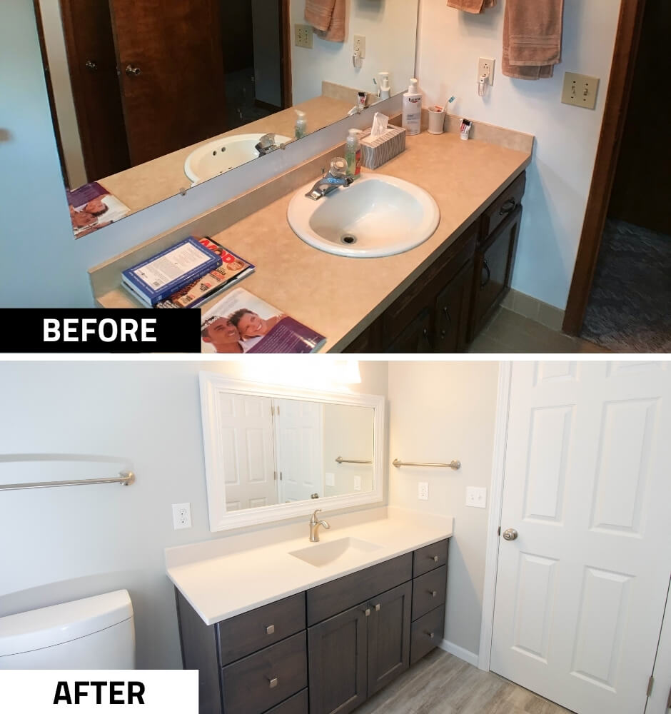 before and after bathroom remodel by Odd Fellows Contracting in Mason MI featuring modern vanity and finishes