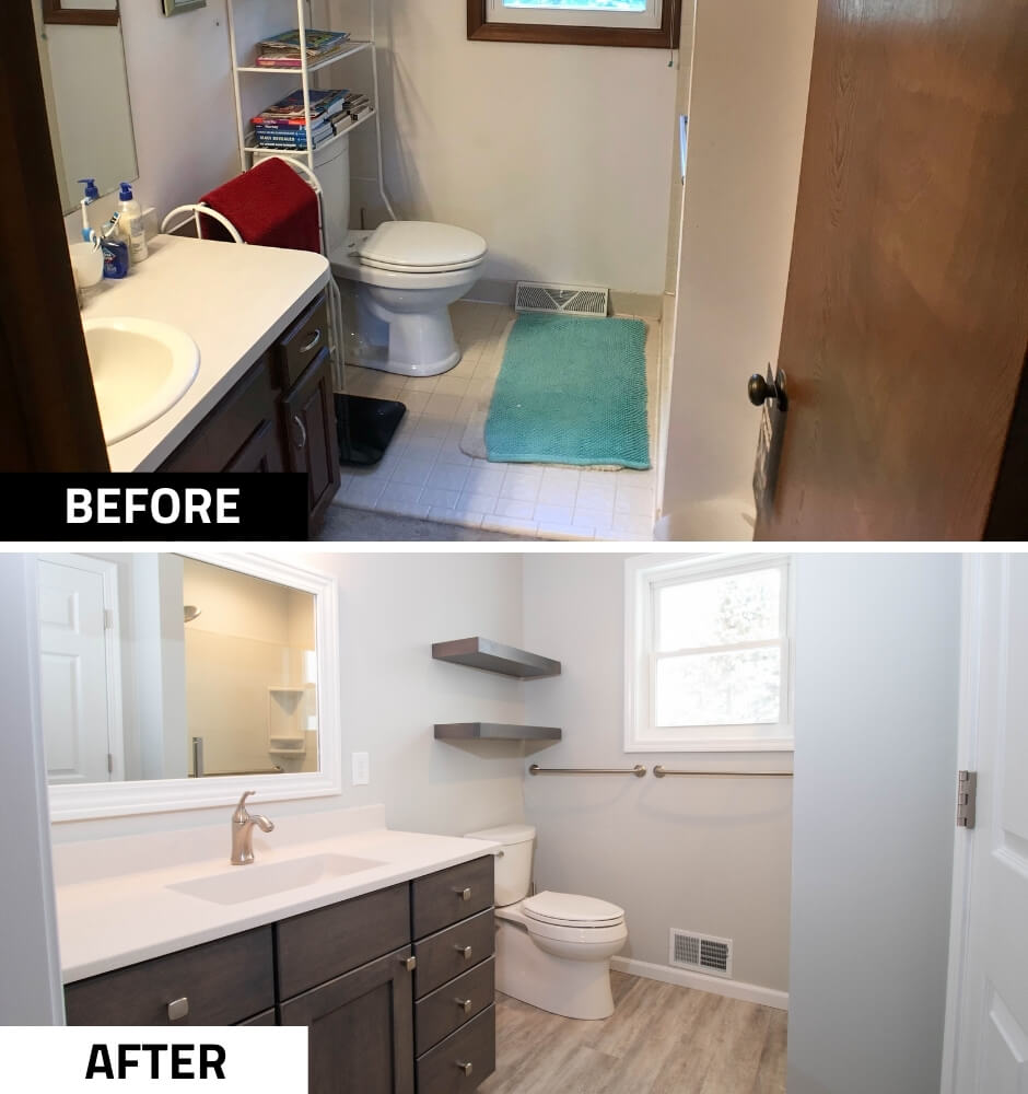 before and after bathroom remodel by Odd Fellows Contracting in Mason MI showcasing improved layout and finishes