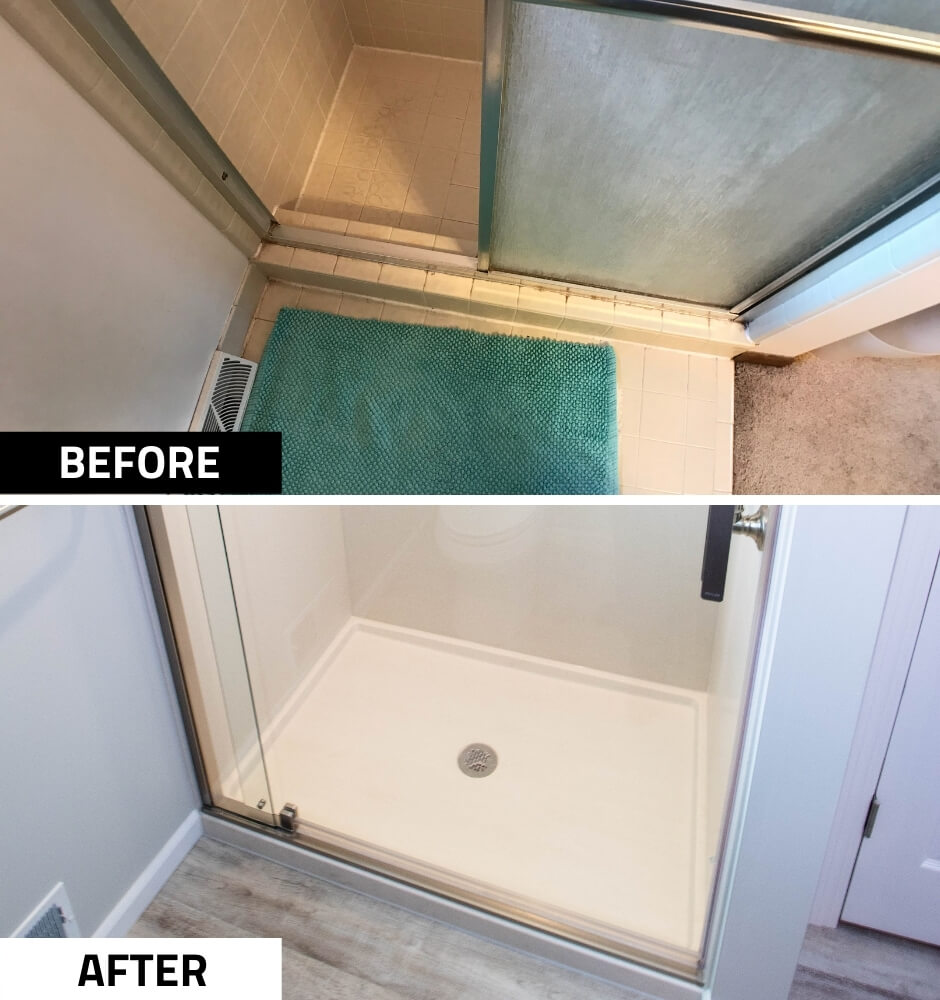 before and after bathroom remodel by Odd Fellows Contracting in Mason MI showcasing modern shower upgrade