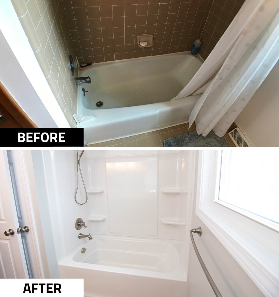 before and after bathroom remodel by Odd Fellows Contracting in Mason MI with modern tub and fixtures