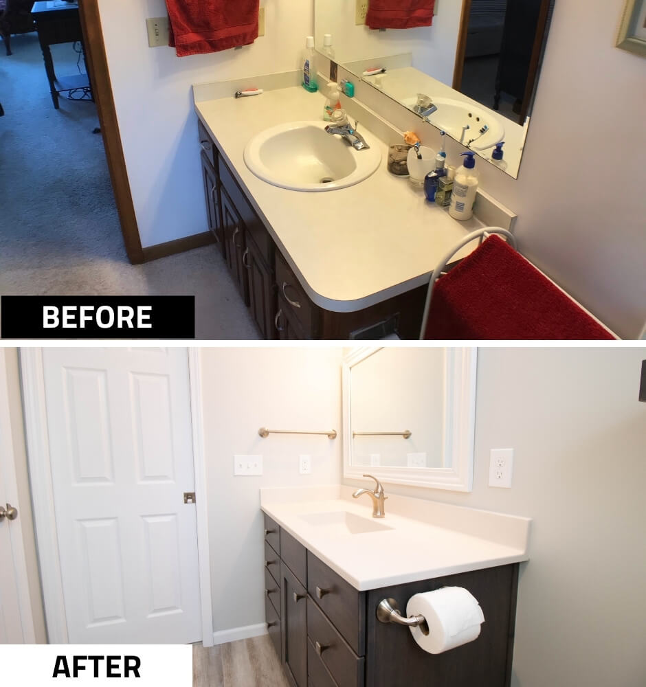 before and after bathroom remodel by Odd Fellows Contracting in Mason MI with modern vanity and lighting