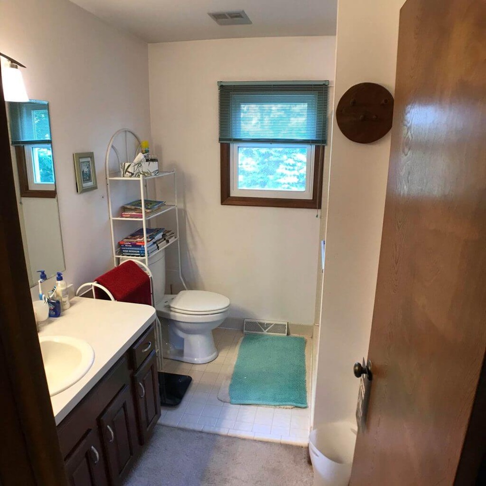 before bathroom remodel by Odd Fellows Contracting in Mason MI with existing vanity and tub