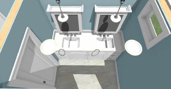 3D bathroom remodel plan by Odd Fellows Contracting in East Lansing MI with dual sinks and lighting