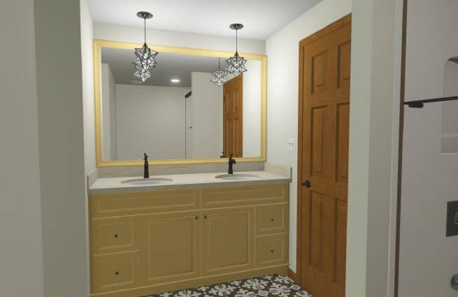 3D bathroom remodel plan by Odd Fellows Contracting in Okemos MI with dual sinks and mirror design