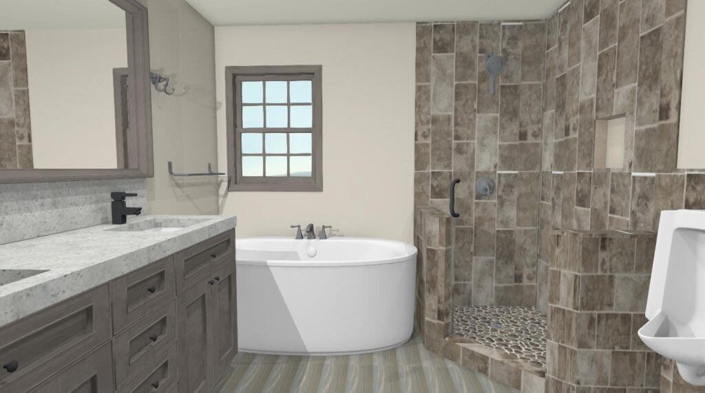 3D bathroom design rendering with freestanding tub and tiled shower by Odd Fellows Contracting in Okemos MI
