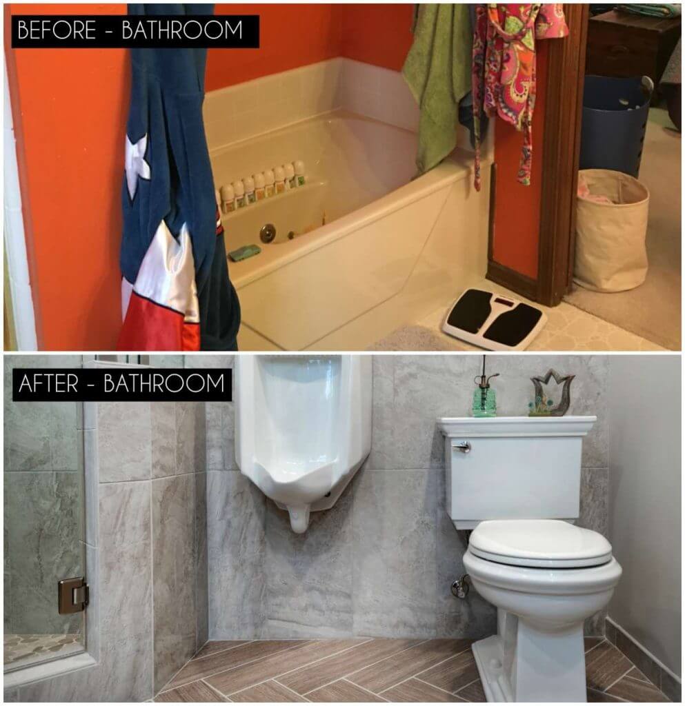 before and after bathroom remodel showing updated shower and fixtures by Odd Fellows Contracting in Okemos, MI
