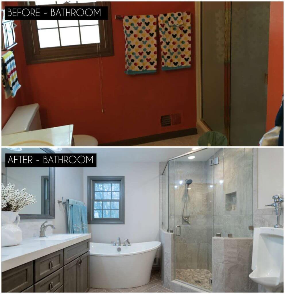 before and after bathroom remodel with tub and glass shower by Odd Fellows Contracting in Okemos, MI