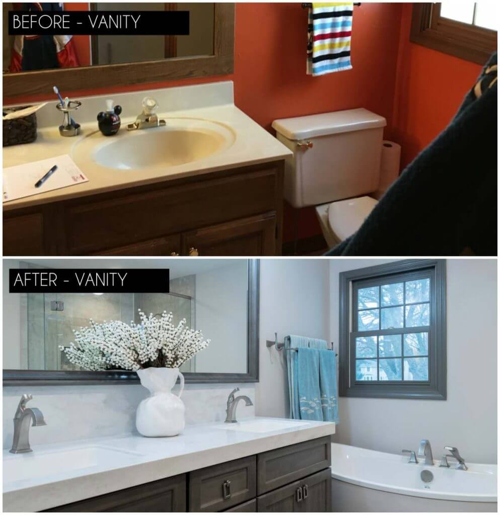 before and after bathroom vanity remodel with quartz countertop by Odd Fellows Contracting in Okemos, MI