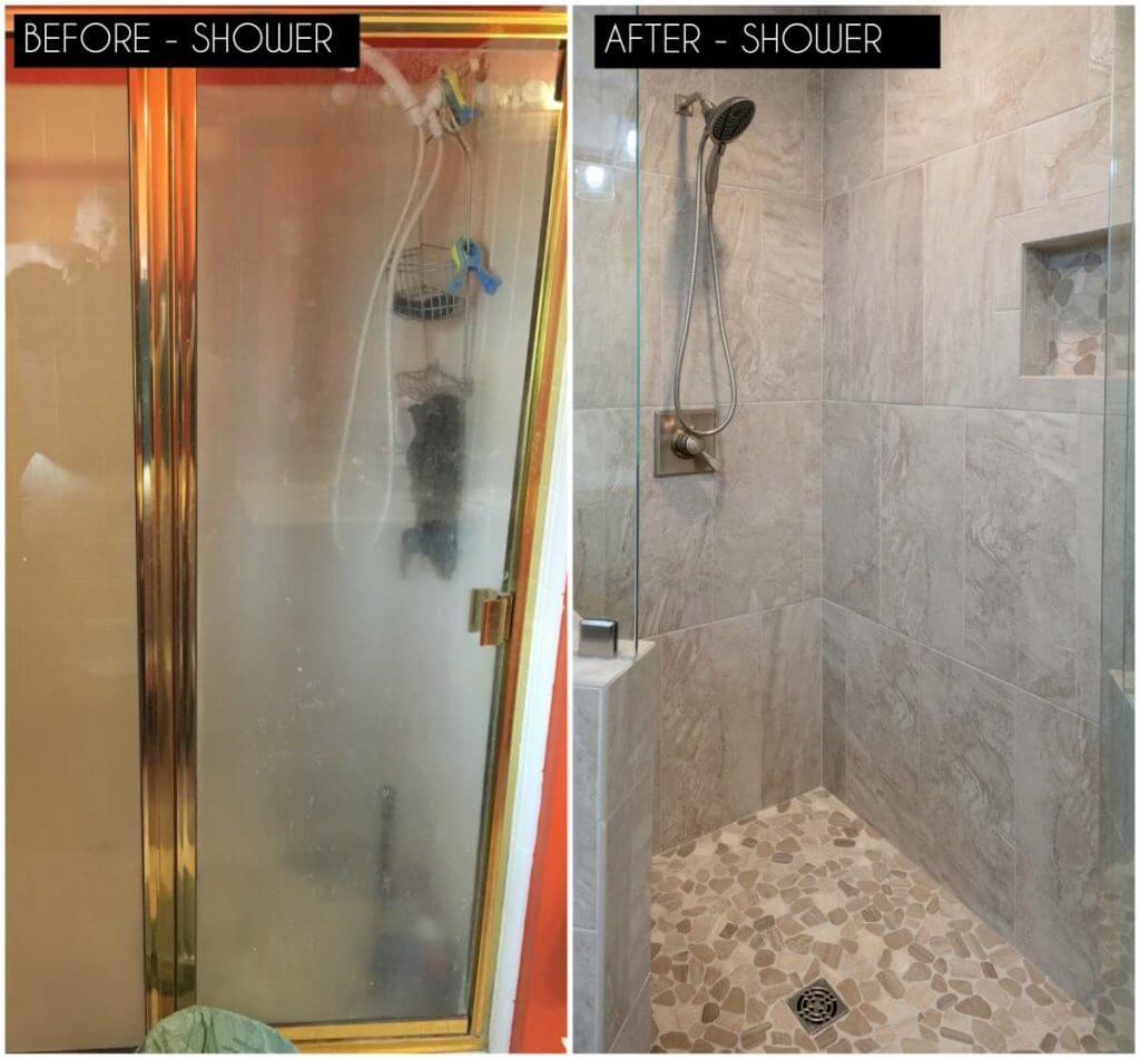 before and after shower remodel with tile walls and pebble floor by Odd Fellows Contracting in Okemos, MI