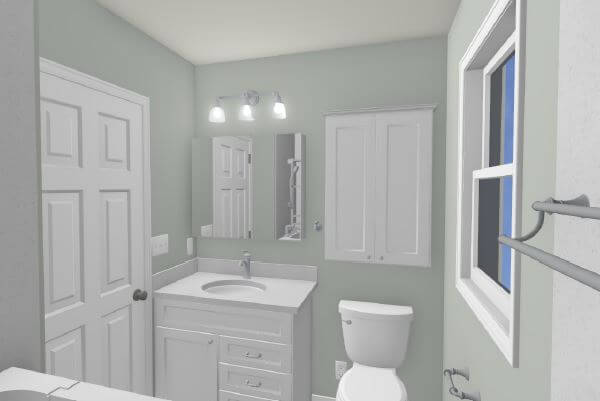 3D design of renovated bathroom by Odd Fellows Contracting in Williamston, MI featuring white vanity and modern lighting