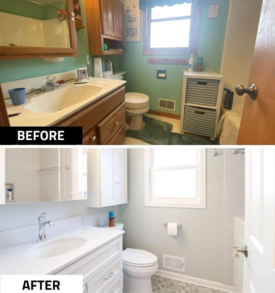 before and after bathroom remodel by Odd Fellows Contracting in Williamston, MI showing full transformation