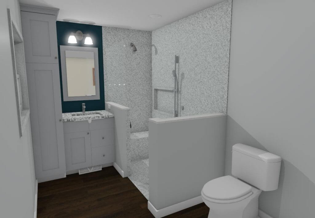 bathroom remodel by Odd Fellows Contracting in Briarwood Okemos, MI featuring new vanity and shower surround