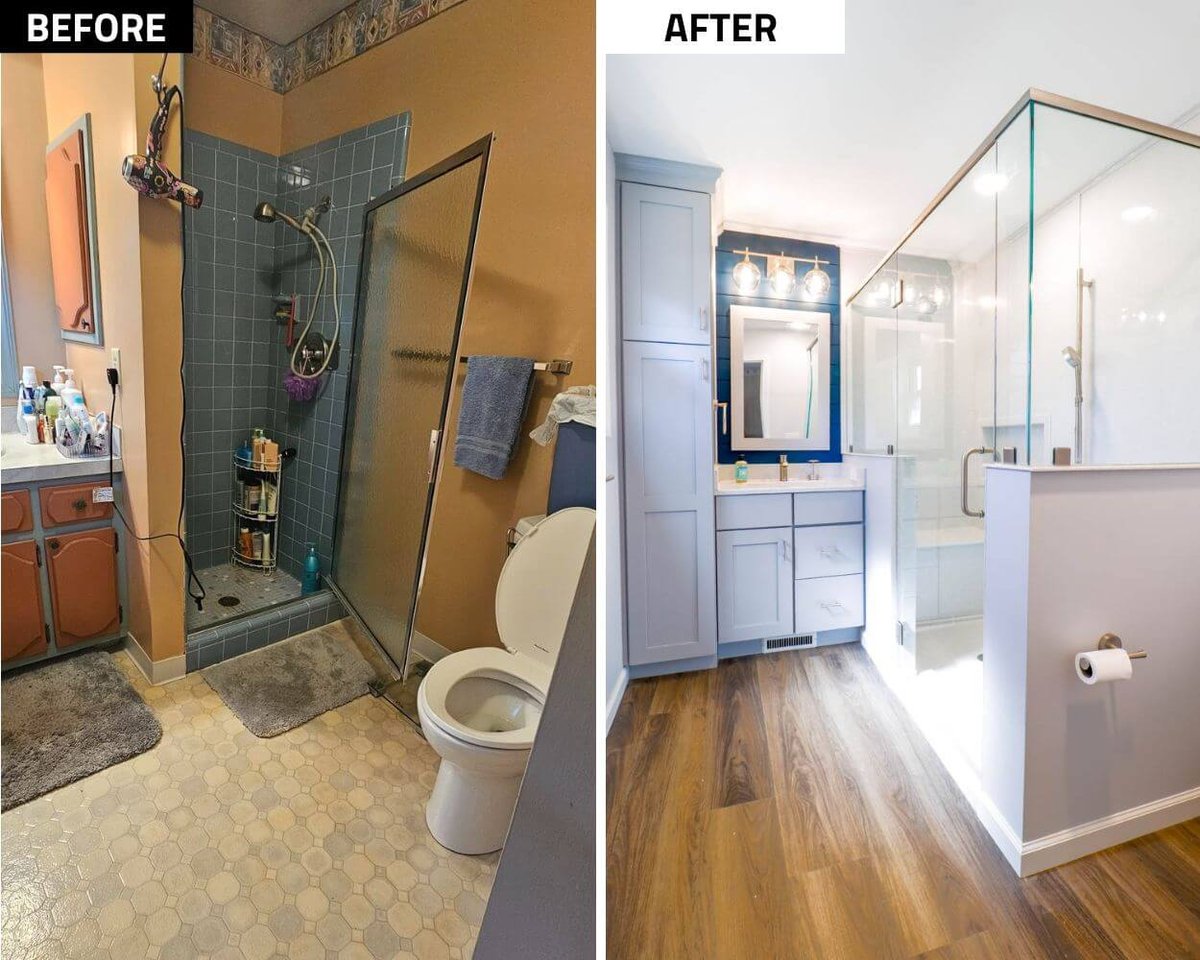 before and after bathroom remodel by Odd Fellows Contracting in Briarwood Okemos, MI showing full transformation