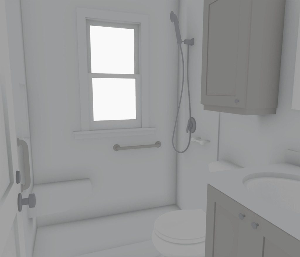3D bathroom remodel rendering by Odd Fellows Contracting in Mulliken, MI illustrating planned walk-in shower layout