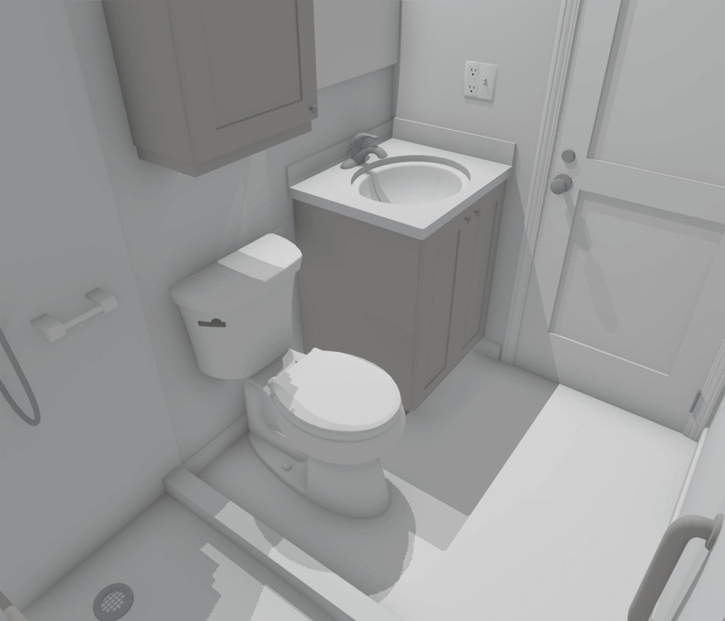 3D vanity and toilet layout rendering for bathroom remodel by Odd Fellows Contracting in Mulliken, MI
