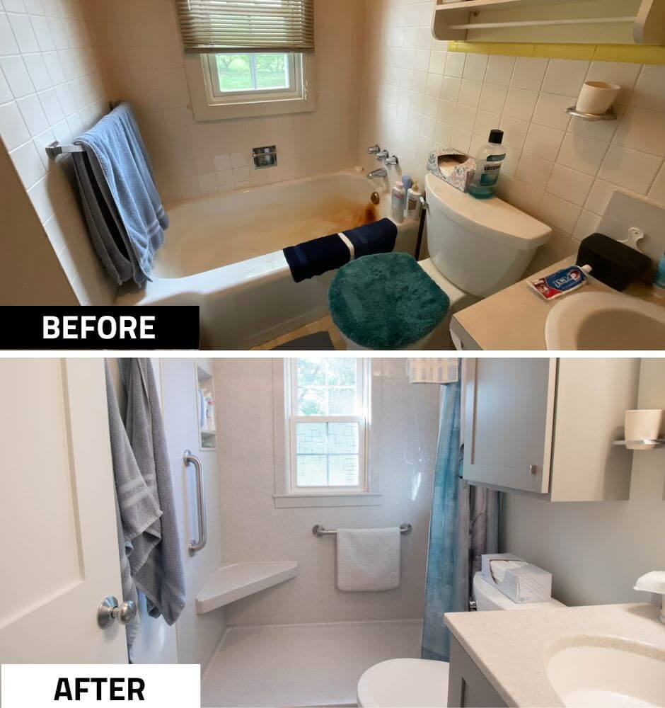 before and after bathroom remodel by Odd Fellows Contracting in Mulliken, MI highlighting conversion from tub to walk-in shower
