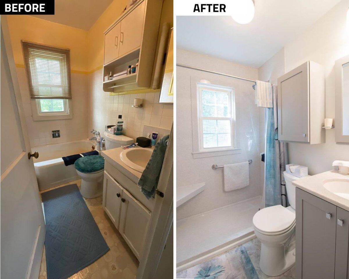 vertical before and after comparison of bathroom remodel by Odd Fellows Contracting in Mulliken, MI