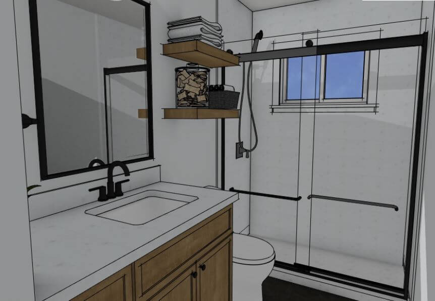 3D design concept for Holt, MI bathroom remodel by Odd Fellows Contracting
