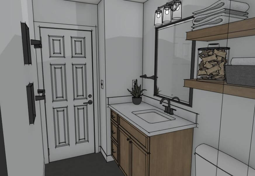 3D rendering of bathroom renovation layout by Odd Fellows Contracting in Holt, MI