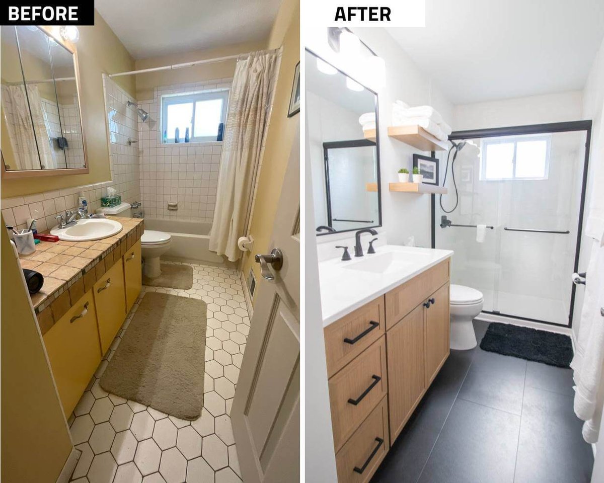 before and after bathroom remodel by Odd Fellows Contracting in Holt, MI featuring updated vanity and walk-in shower conversion
