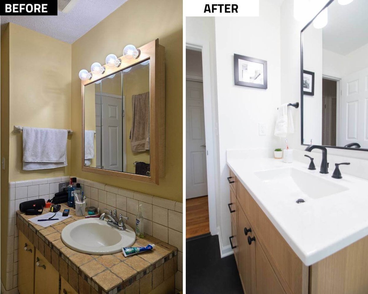 before and after vanity transformation from bathroom remodel by Odd Fellows Contracting in Holt, MI