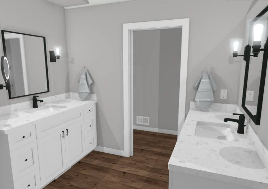 bathroom remodel design rendering by Odd Fellows Contracting in Portland, MI with planned double vanity layout