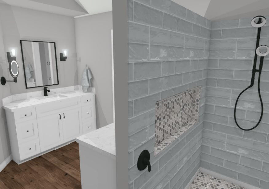 bathroom remodel rendering by Odd Fellows Contracting in Portland, MI featuring custom tiled walk-in shower