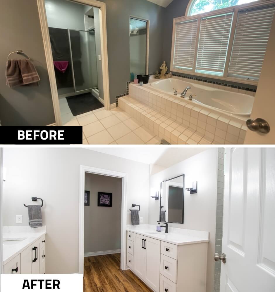 before and after bathroom remodel by Odd Fellows Contracting in Portland, MI featuring updated double vanity and walk-in shower