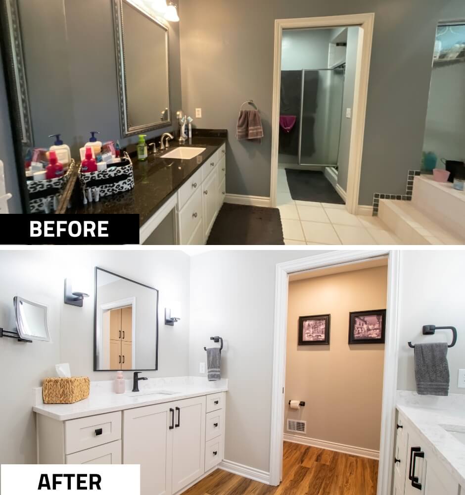 before and after bathroom remodel by Odd Fellows Contracting in Portland, MI with new quartz vanity and wood-look flooring