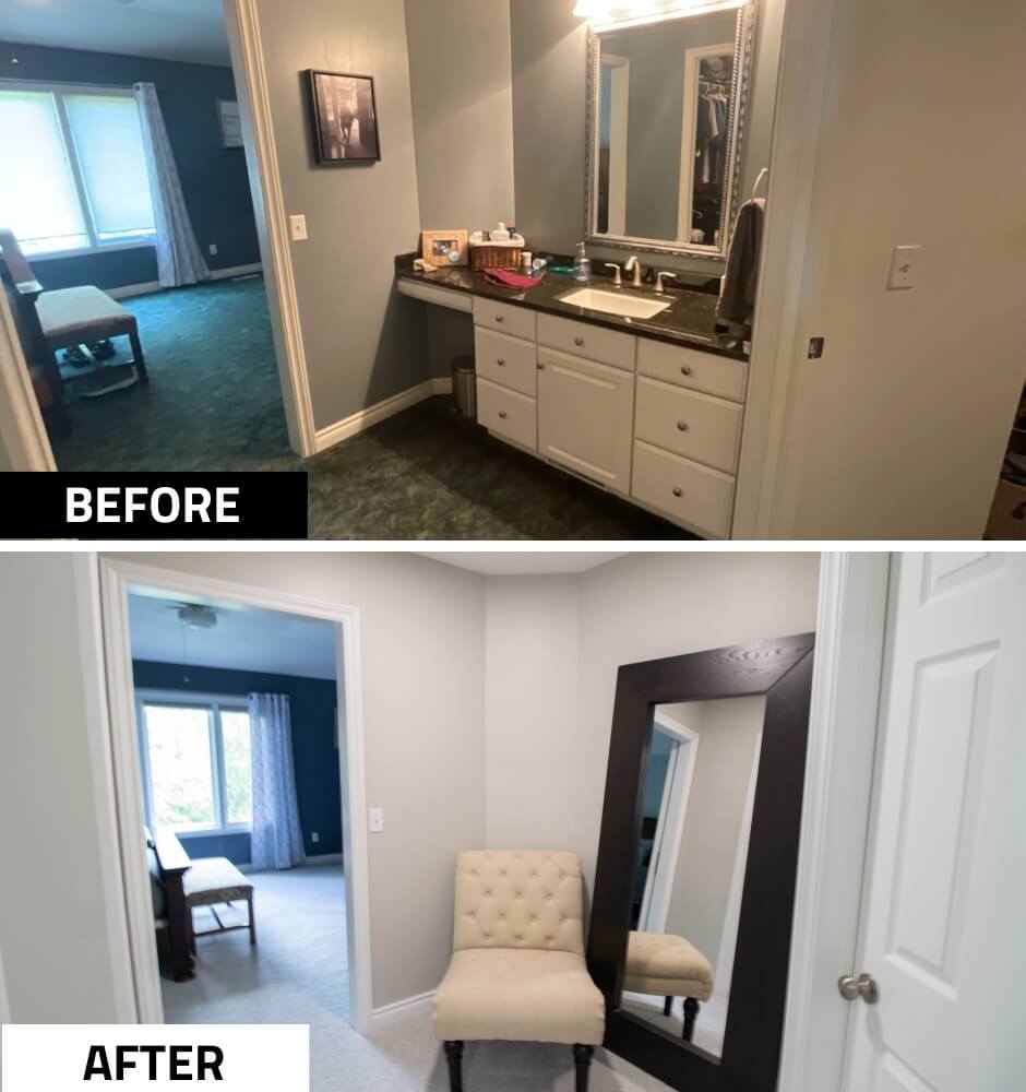 before and after bathroom remodel by Odd Fellows Contracting in Portland, MI with refreshed vanity and flooring