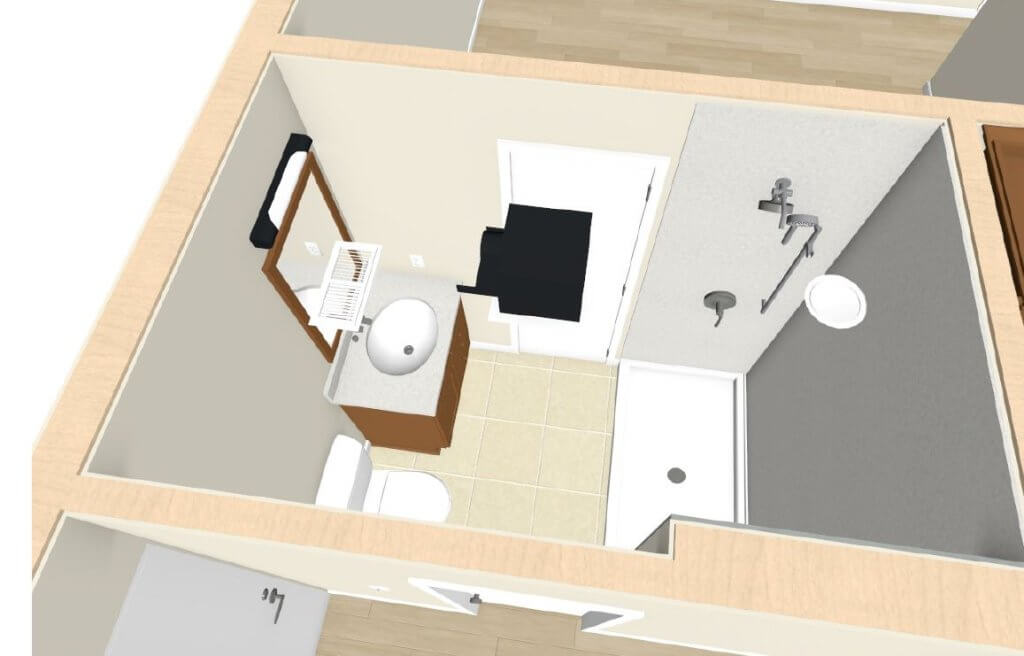 bathroom layout rendering for custom home by Odd Fellows Contracting in Lansing, MI with shower and vanity placement