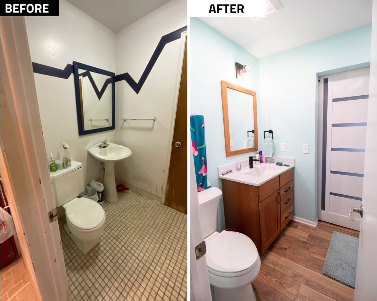 before and after bathroom remodel in custom home by Odd Fellows Contracting in Lansing, MI with updated vanity and flooring