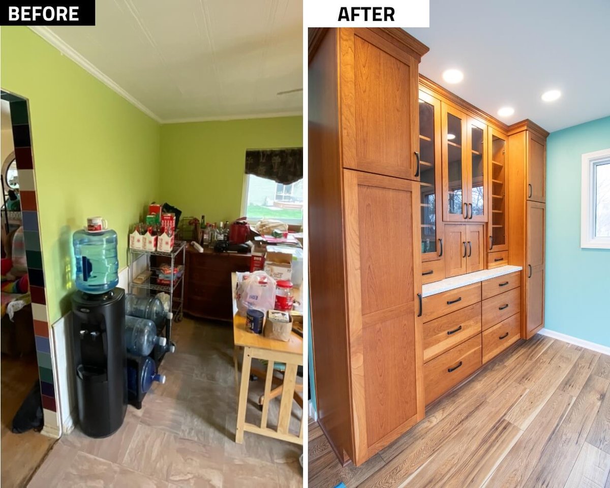 before and after built-in cabinetry installation in custom home by Odd Fellows Contracting in Lansing, MI