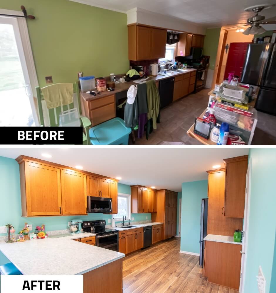 before and after kitchen transformation from custom home by Odd Fellows Contracting in Lansing, MI featuring expanded layout and new cabinetry