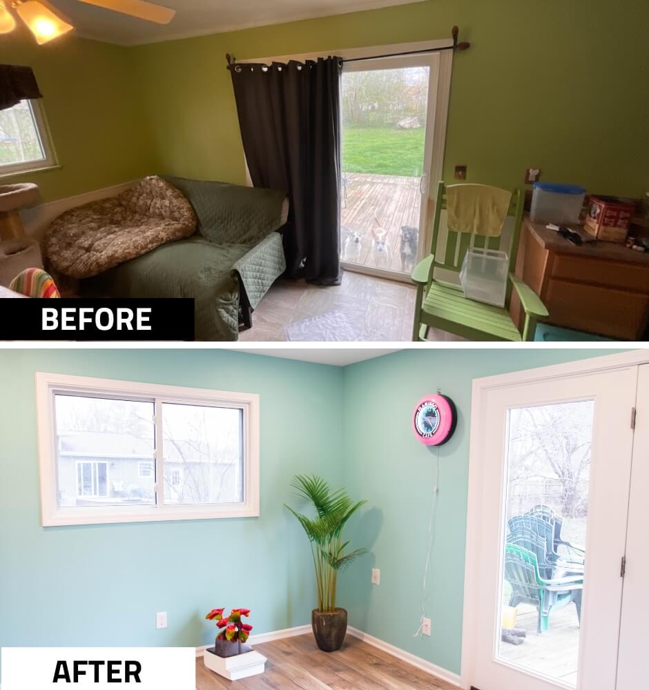 before and after living space update in custom home by Odd Fellows Contracting in Lansing, MI with new flooring and fresh paint