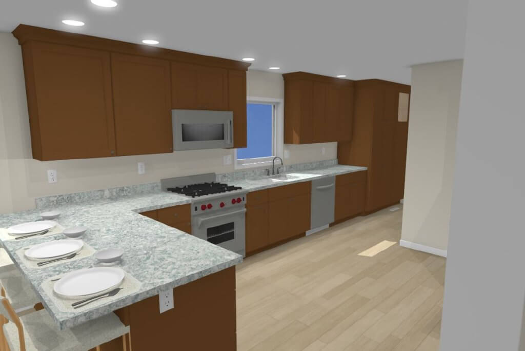 kitchen design rendering for custom home by Odd Fellows Contracting in Lansing, MI showing cabinet layout