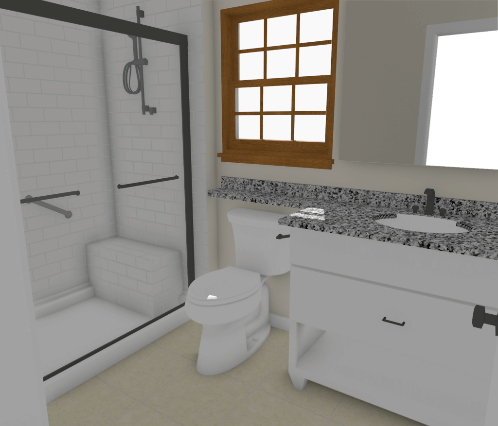 3D bathroom remodel rendering with walk-in shower and granite vanity by Odd Fellows Contracting in Mason, MI