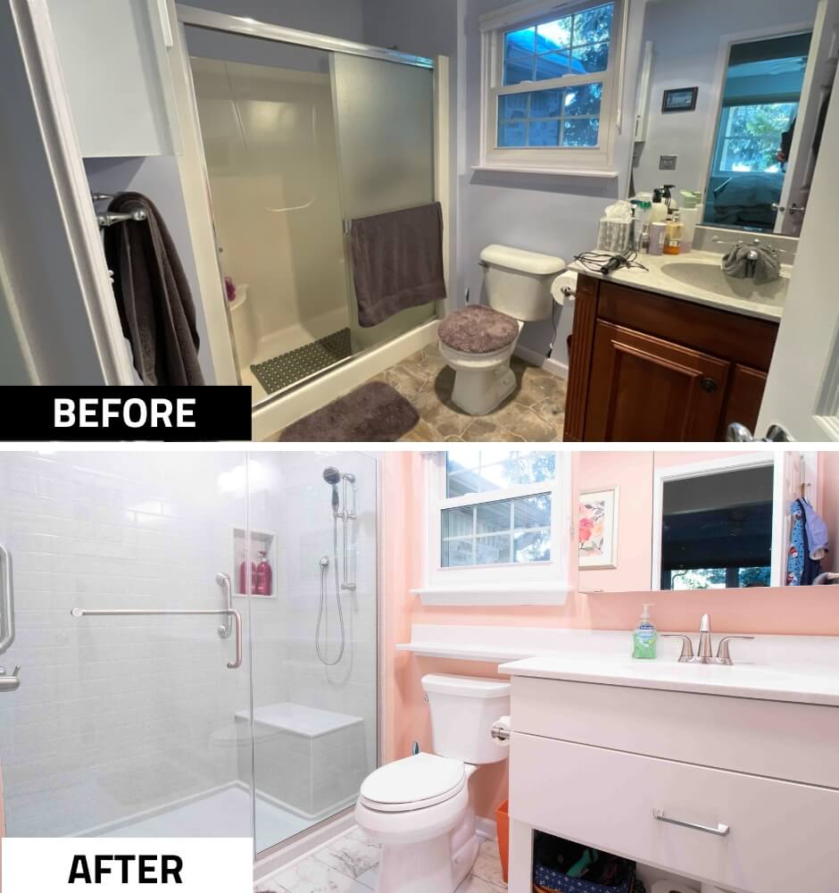 Bathroom remodel before and after with walk-in shower by Odd Fellows Contracting in Mason, MI