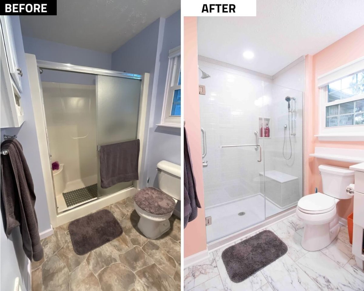 Before and after shower conversion in bathroom remodel by Odd Fellows Contracting in Mason, MI