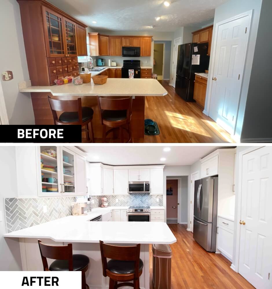 Kitchen remodel before and after with white cabinets by Odd Fellows Contracting in Mason, MI