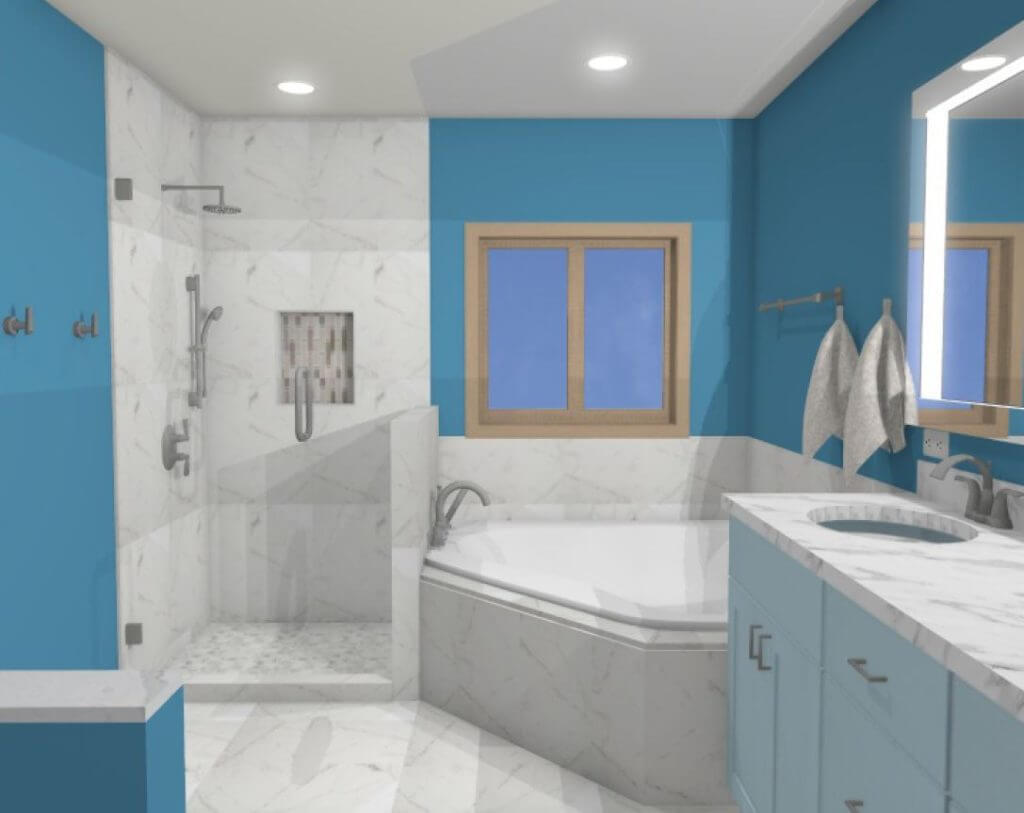 3D bathroom renovation rendering featuring vanity cabinet storage and modern finishes by Odd Fellows Contracting in Okemos MI