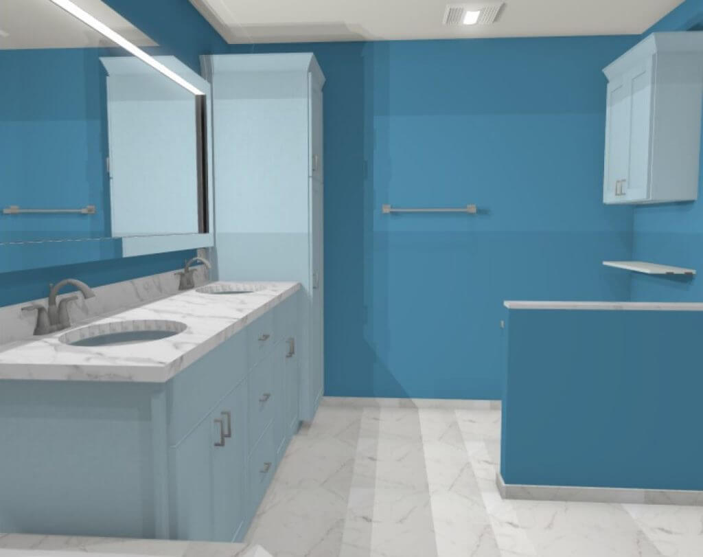 3D bathroom renovation rendering showing glass shower tub surround and vanity design by Odd Fellows Contracting in Okemos MI