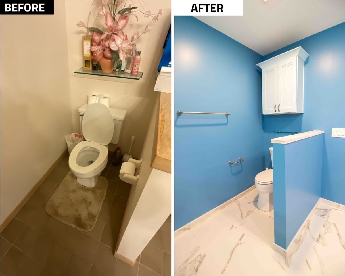 before and after bathroom remodel showing updated toilet area with modern tile flooring and blue walls by Odd Fellows Contracting in Okemos MI