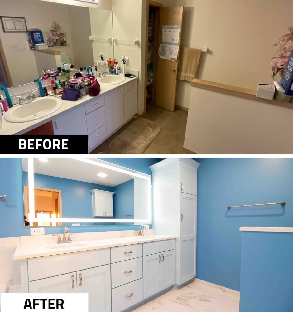 before and after bathroom remodel with double vanity cabinet storage and large LED mirror by Odd Fellows Contracting in Okemos MI