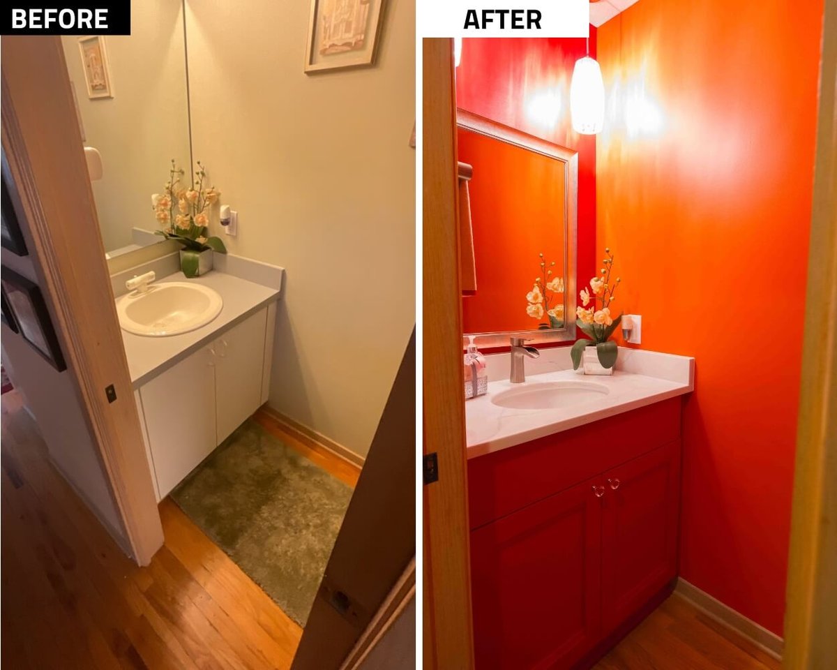 before and after bathroom remodel with updated powder room vanity and modern lighting by Odd Fellows Contracting in Okemos MI