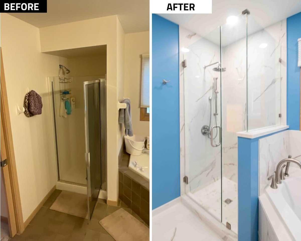 before and after bathroom remodel with walk in glass shower and marble style tile walls by Odd Fellows Contracting in Okemos MI